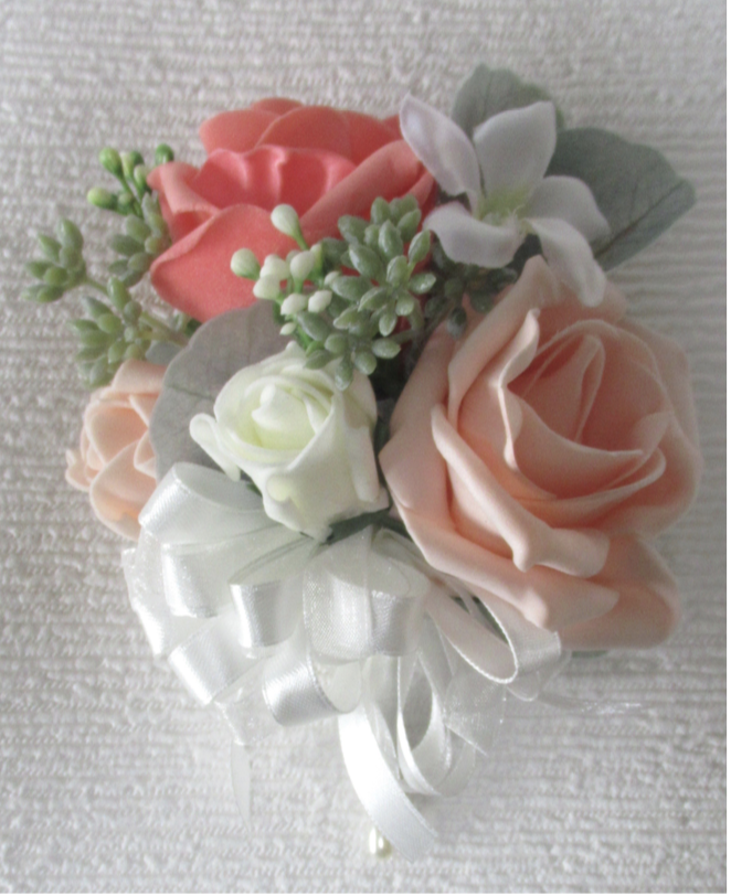 Light Coral, Deep Coral & Peach Corsage, mother of the bride corsage